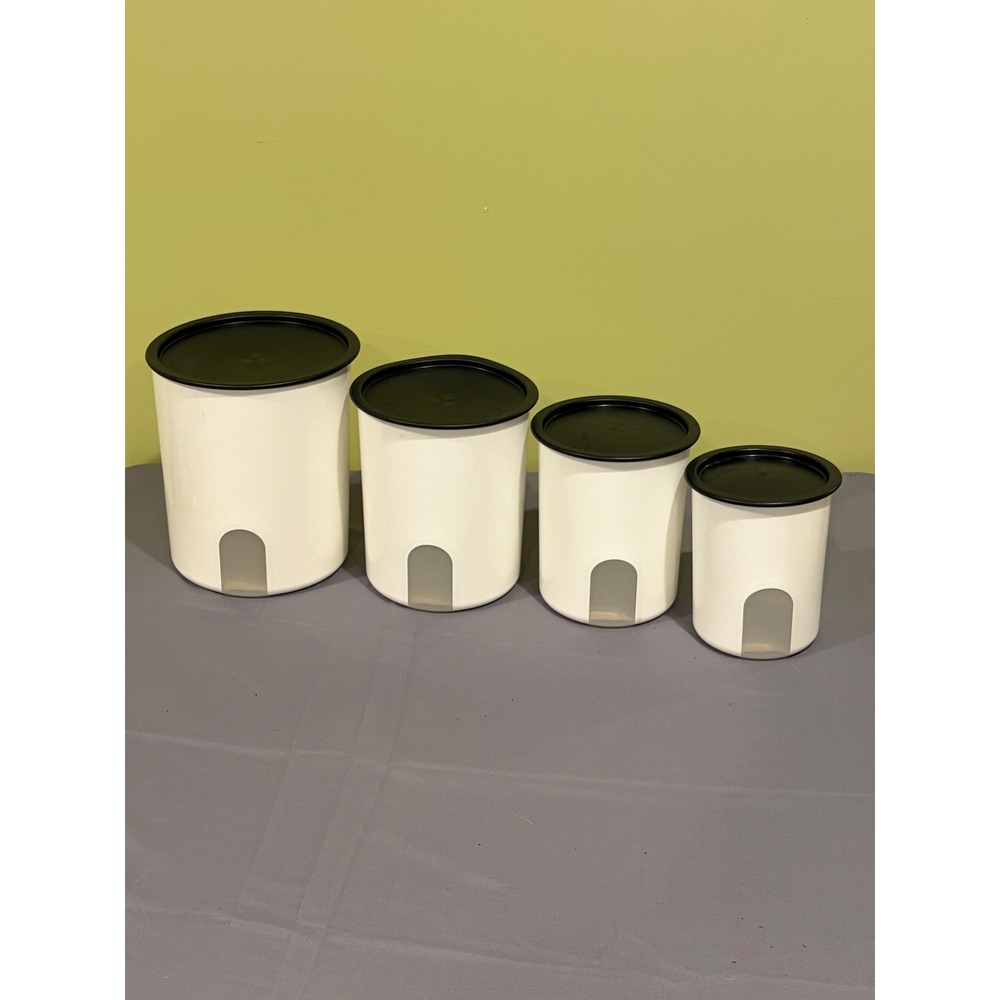 Tupperware One Touch Canister Set 4 Piece White Black Clear Window Vintage USA